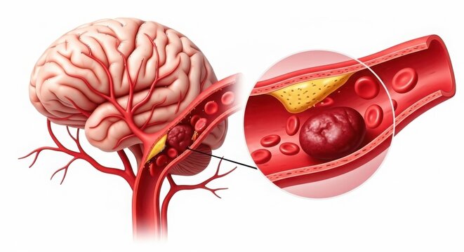 Illustration of a brain with a close up of a blocked artery isolated on white background