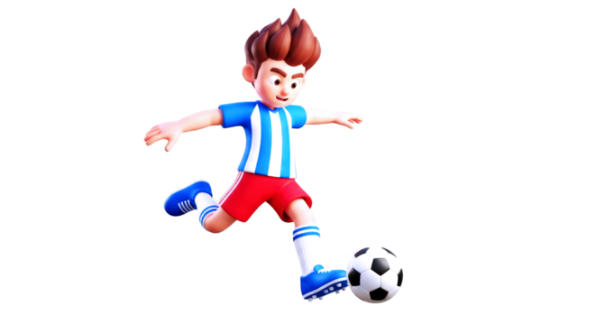 3d cartoon soccer ace dynamic kick, focused determination, victory bound, game asset, isolated on transparent background