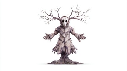 Fototapeta premium A mysterious figure resembling a tree with branches for arms and a mask-like face, blending elements of nature and fantasy with space for text, Halloween teddy bear