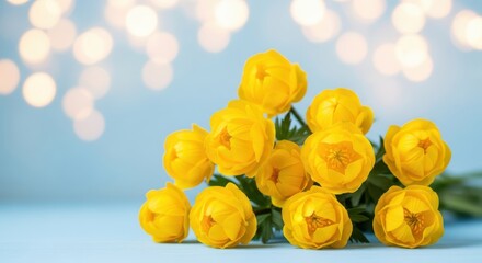 Beautiful bright yellow globe flowers on a pastel background with bokeh