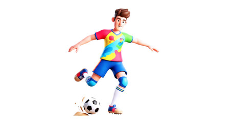 3d cartoon soccer players dynamic kick colorful jersey, joyful expression, perfect strike, amazing action shot, isolated on transparent background