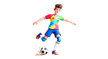 3d cartoon soccer players dynamic kick colorful jersey, joyful expression, perfect strike, amazing action shot, isolated on transparent background