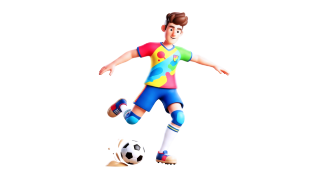 3d cartoon soccer players dynamic kick colorful jersey, joyful expression, perfect strike, amazing action shot, isolated on transparent background