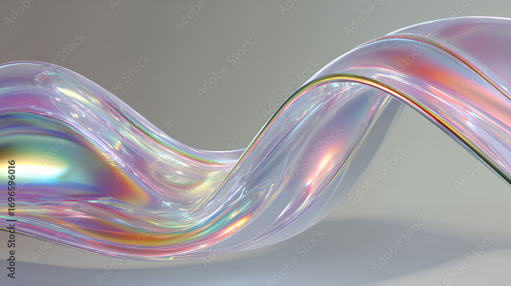 Poster 3d abstract liquid glass transparent clear ribbon water wave line render. iridescent fluid flow curv