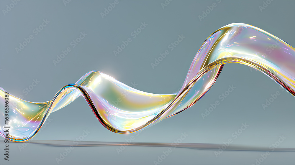 Poster 3d abstract liquid glass transparent clear ribbon water wave line render. iridescent fluid flow curv