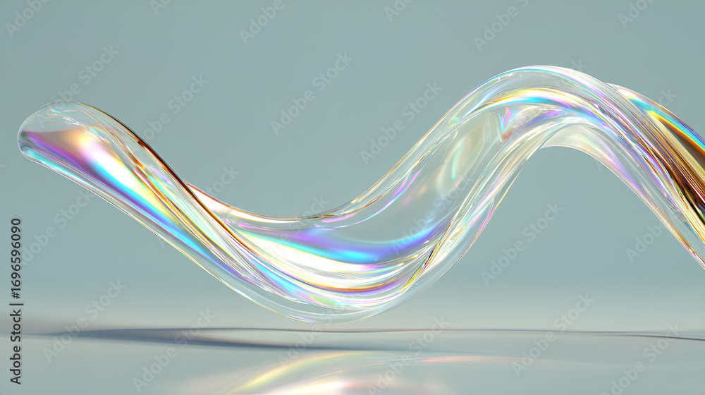 Poster 3d abstract liquid glass transparent clear ribbon water wave line render. iridescent fluid flow curv