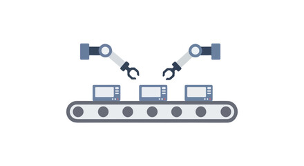 Fototapeta premium Automated production line illustration featuring robotic arms and manufactured items on a conveyor belt with clean design portraying advanced