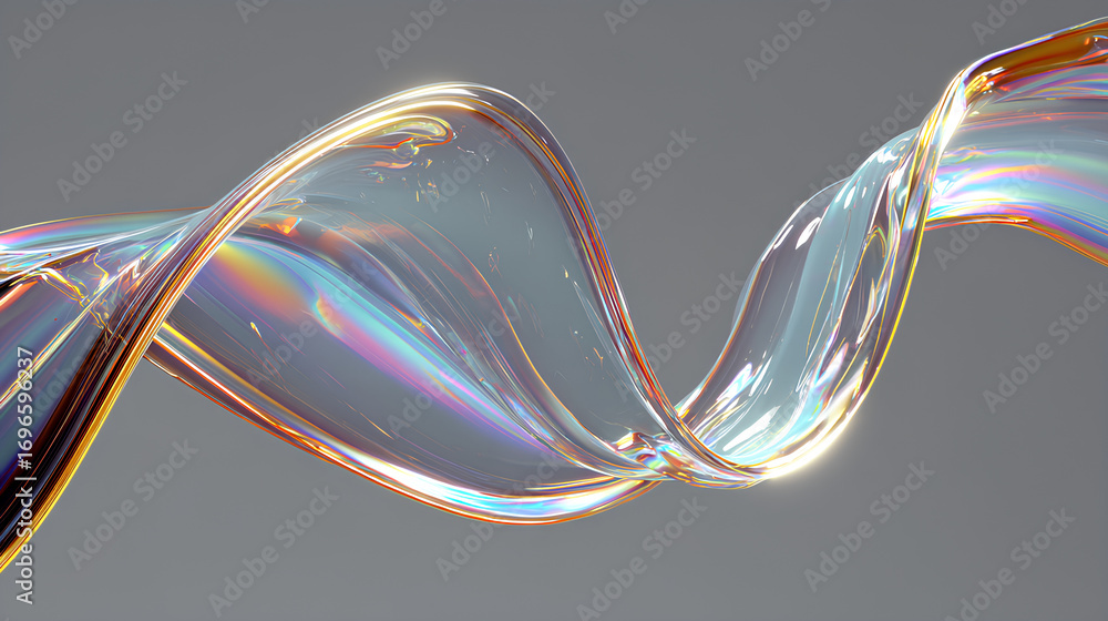 Poster 3d abstract liquid glass transparent clear ribbon wave line render. rainbow fluid flow curve shape w
