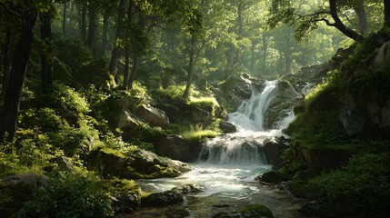 Obraz premium A serene waterfall cascading through a lush, sunlit forest, showcasing the beauty of nature's tranquil energy.