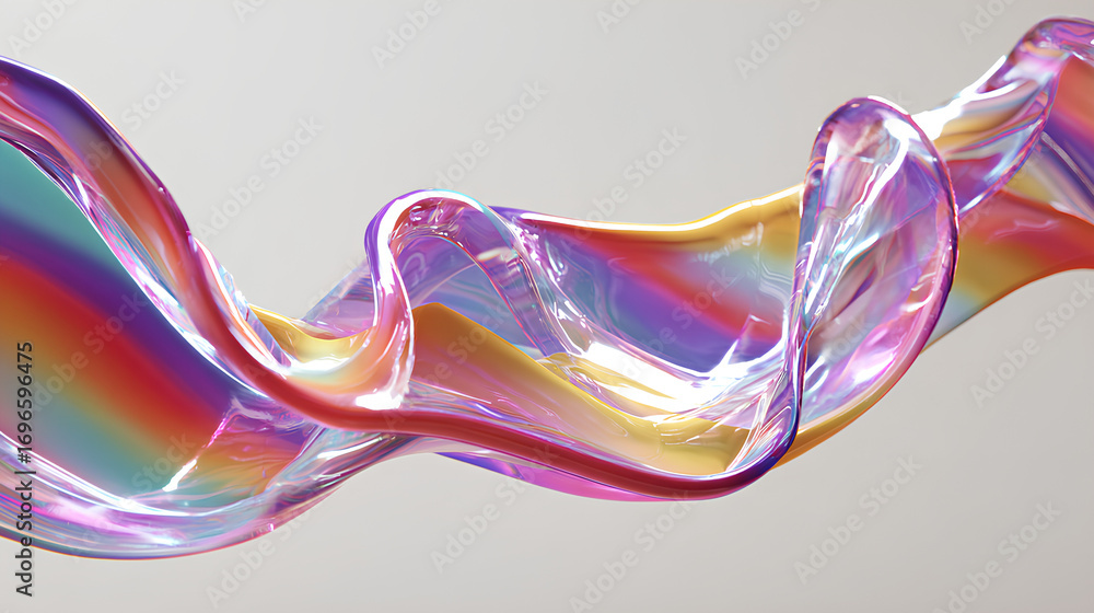 Poster 3d abstract liquid glass transparent clear ribbon wave line render. rainbow fluid flow curve shape w
