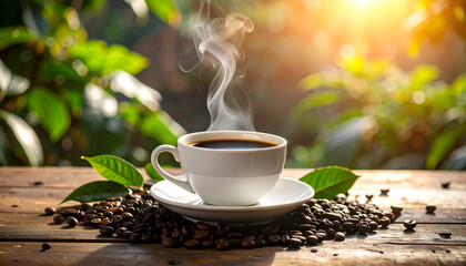 A steaming cup of dark coffee sits on a saucer surrounded by coffee beans and green leaves, with a bright, blurred background.