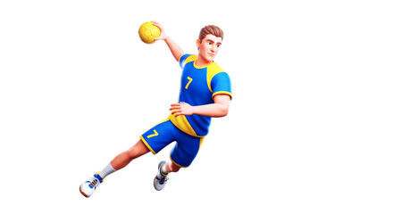 Obraz premium dynamic cartoon handball player intense game action, 3d render, victory throw, isolated on transparent background