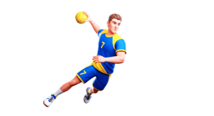 dynamic cartoon handball player intense game action, 3d render, victory throw, isolated on transparent background