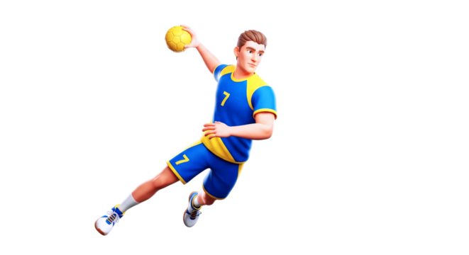 dynamic cartoon handball player intense game action, 3d render, victory throw, isolated on transparent background
