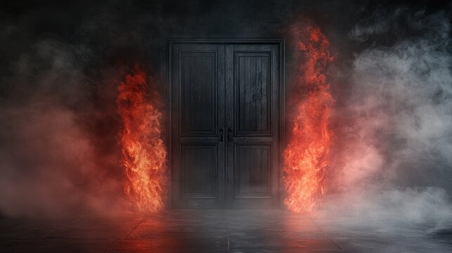 Dark door with fire and smoke