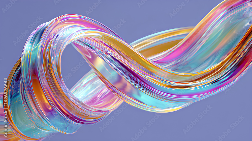 Poster 3d abstract liquid glass transparent clear ribbon wave line render. rainbow fluid flow curve shape w