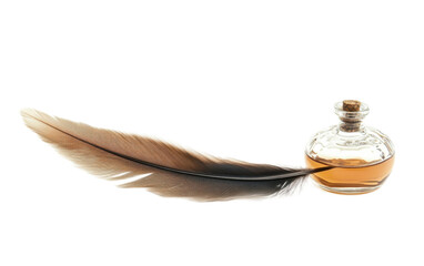 Feather quill pen and glass on white background,png