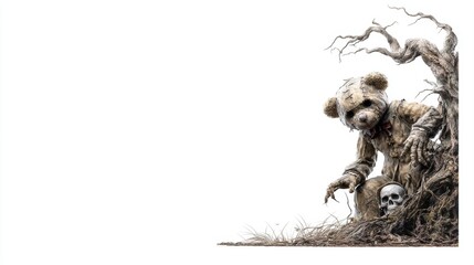 Obraz premium A haunting illustration of a teddy bear with a skull, intertwined with a gnarled tree, evoking themes of decay and nostalgia with space for text, Halloween teddy bear