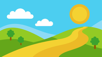 Fototapeta premium Cartoon landscape with road and sunshine