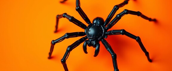 Obraz premium Intricate black plastic spider pattern on vibrant orange backdrop, design, backdrop