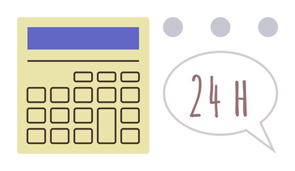 Digital calculator and speech bubble with 24H text indicating 24-hour accessibility. Ideal for productivity, time management, scheduling, work efficiency, deadline tracking, organization, simple flat