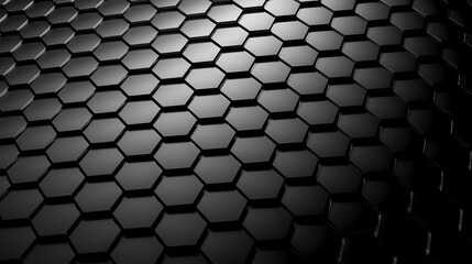 A dark abstract background featuring a repeating pattern of hexagonal shapes with subtle lighting effects