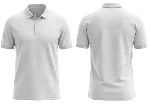 Front and back view of a plain white short-sleeved polo shirt mockup on a white background.