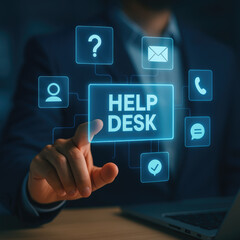 Help desk concept with glowing icons and person pointing on virtual screen for support