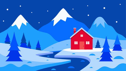 Fototapeta premium Winter landscape with house and mountains