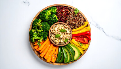 Colorful and nutritious Buddha bowl with quinoa, broccoli, carrots, avocado, and bell peppers arranged attractively on a wooden plate.