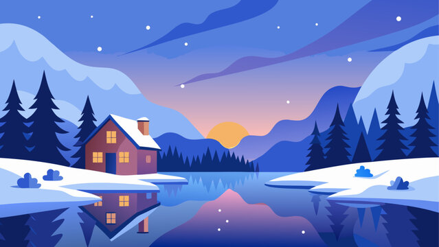 Winter landscape with house and reflection