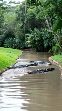 Several crocodiles rest in serene waters lined by rich vegetation, showcasing their natural behavior in a tranquil environment