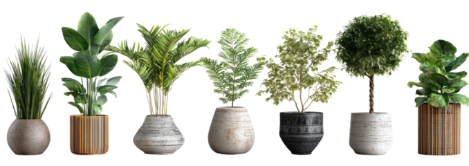 Assorted houseplants in various pots.  Potted greenery in muted tones