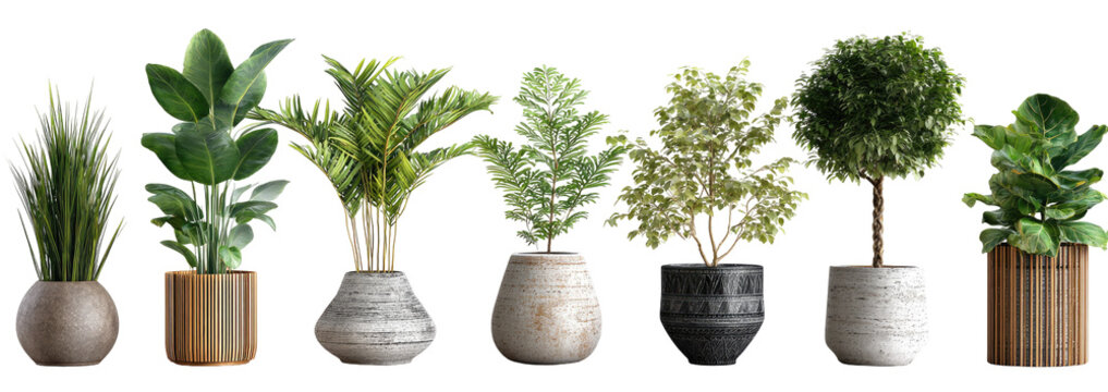 Assorted houseplants in various pots.  Potted greenery in muted tones