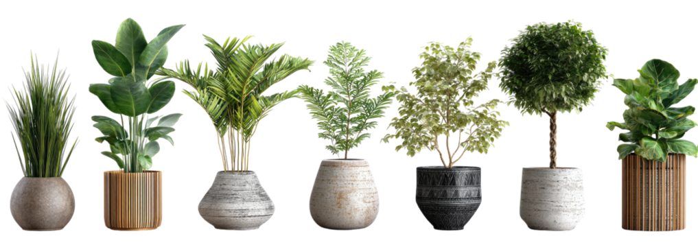Assorted houseplants in various pots.  Potted greenery in muted tones