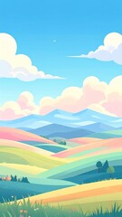 Fototapeta premium A dreamy idyllic landscape illustration of multicolored rolling fields and hills leading to distant mountains under a beautiful cloudy sky