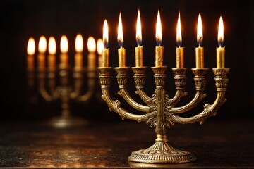 Fototapeta premium Oil Menorah. Hanukkah Celebration: Golden Glow of Oil lights in Jerusalem, Festival of Lights in Israel