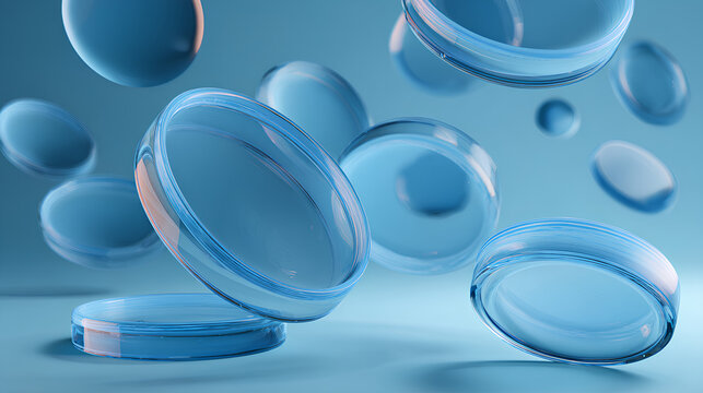3d glass transparent disks flying on light blue background. Abstract geometric shapes, crystal circle plates, acrylic or plastic discs, clear round lens with gradient texture render Stock Illustration