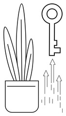 Minimalist design of a potted plant, a key symbolizing opportunity, and arrows for upward growth. Ideal for growth, success, opportunity, leadership, potential solutions and simplicity. Simple flat