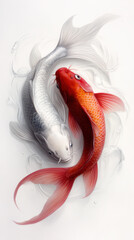 On a white background, a red and a white fish swim in the water