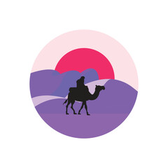 Man riding a camel logo shown with sunset sky view isolated white background. Best for badge, emblem and sticker design. vector illustration available in eps 10.