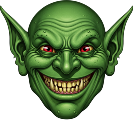 Green goblin face, detailed illustration isolated on a transparent background, png image, showcasing a mischievous and grotesque expression, ideal for fantasy or horror themes