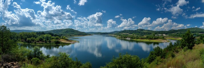 Fototapeta premium Oklahoma River Landscape: Scenic View of Blue Lake under Clear Summer Sky