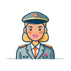 Naklejka premium Cartoon woman officer in grey uniform smiling and wearing a cap with red star, vector portrait