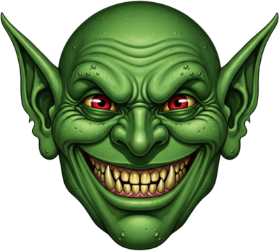 Green goblin face, detailed illustration isolated on a transparent background, png image, showcasing a mischievous and grotesque expression, ideal for fantasy or horror themes