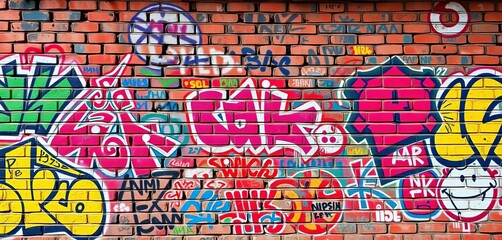 Obraz premium A vibrant graffiti-covered brick wall, urban texture, spray paint, subculture