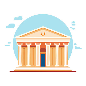 Stylized Classical Building with Columns and Pediment Flat Vector Illustration for Finance Law or Education