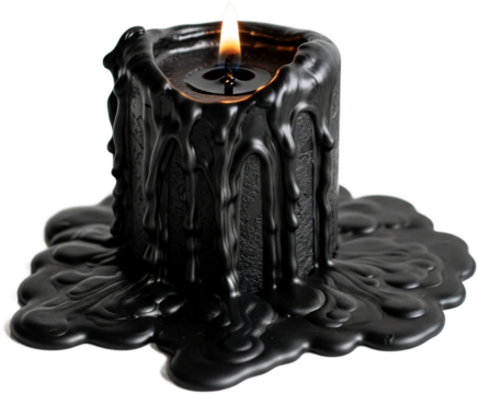 Black candle, melted wax dripping, isolated on a transparent background, png image, evokes mystery, ambiance, and perhaps remembrance