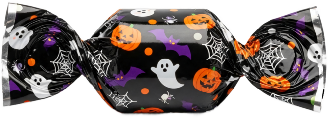 Halloween candy wrapper, isolated on a transparent background, featuring pumpkins, ghosts, bats, and spiderwebs, showcasing a festive design perfect for seasonal packaging png image