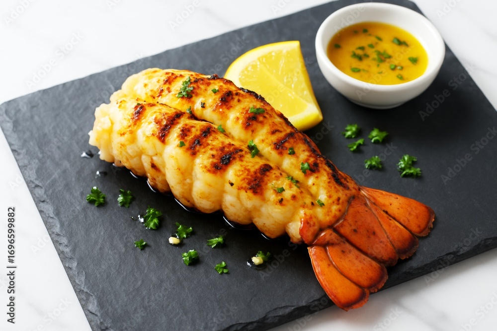 Poster Grilled lobster tails served with lemon wedge and butter sauce on slate plate with garnishing on light marble background. Ai generative. Ai generative
